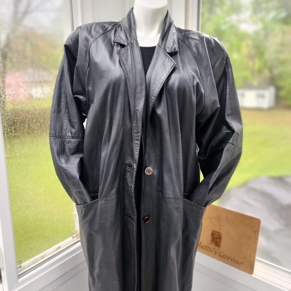 Vintage Accent Black Leather Cocoon Sleeve Maxi Single Breasted  Coat Size XL - Picture 7 of 14